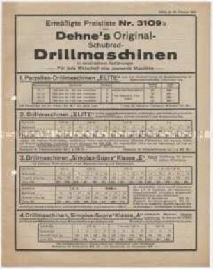 Ermäßigte Preisliste Nr. 3109 b über Schubraddrillmaschinen