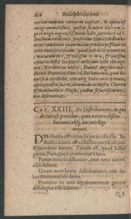 Cap. XXIII. De Distributione, in qua de toto et partibus, quia natura distributionis absque his intelligi nequit.