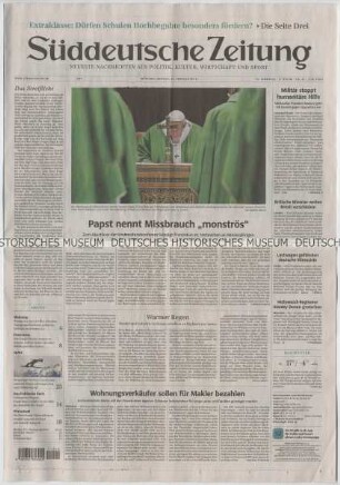 Tageszeitung "Süddeutsche Zeitung" mit Titel zum sexuellen Kindesmissbrauch in der katholischen Kirche