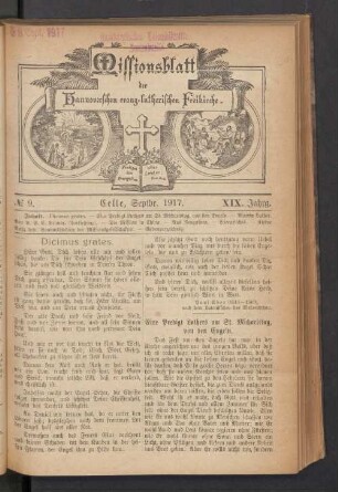 N°. 9. Septbr 1917. XIX. Jahrg