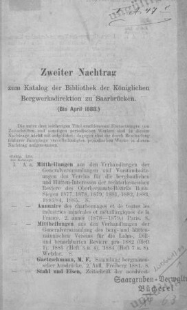 Katalog der Bibliothek der Königlichen Bergwerksdirektion zu Saarbrücken : Nachtr. 2