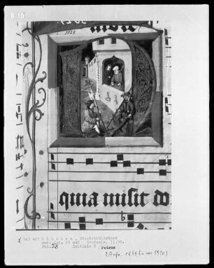 Graduale in zwei Bänden und ein dazugehöriges Antiphonar — Graduale — Initiale D mit Petrus und dem Engel, der ihn aufweckt, Folio 58recto