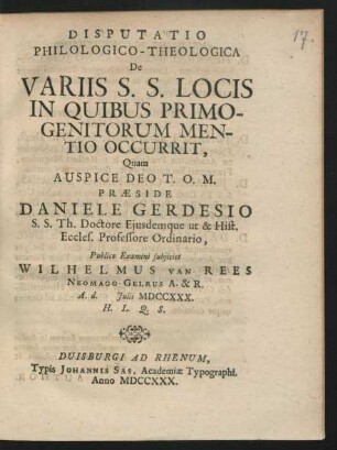 Disputatio Philologico-Theologica De Variis S. S. Locis In Quibus Primogenitorum Mentio Occurrit