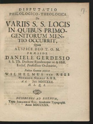 Disputatio Philologico-Theologica De Variis S. S. Locis In Quibus Primogenitorum Mentio Occurrit