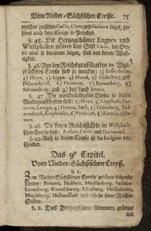Das 9te Capitel. Vom Nieder-Sächsischen Creyß. - Das 10te Capitel. Vom Ober-Sächsischen Creyße.