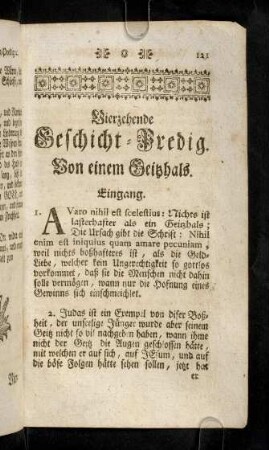 121-144, Vierzehende Geschicht-Predig. Von einem Geitzhals. Fünfzehende Geschicht-Predig. Streit wider die Sünd. Sechszehende Geschicht-Predig. Heroischer Glaub.