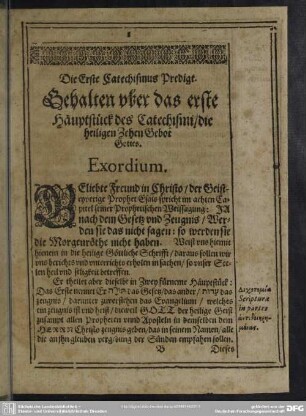 Die Erste Catechismus Predigt. Gehalten uber das erste Hauptstück des Catechismi, die heiligen Zehen Gebot[e] Gottes