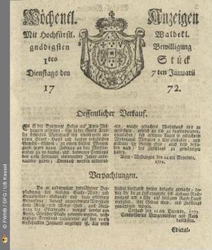 1tes Stueck, Dienstags den 7ten Januarii 1772