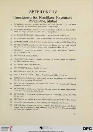 Abteilung IV: Kunstgewerbe, Plastiken, Fayencen, Porzellane, Möbel (Nr. 151-226)