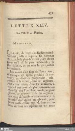 Lettre XLIV. Sur l'Or & la Platine