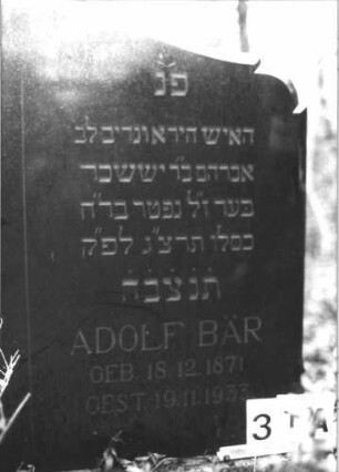 Grabstein 31 (Index: 100116550) Material: Granit Zustand: gut Maße HxBxT: 100x100x13 cm Beschreibung: Stele, breit, Sockel, geschwungener Segmentbogenabschluß Besonderheit: Doppelgrab, zweite Beerdigung fehlt: Grabstein 31A