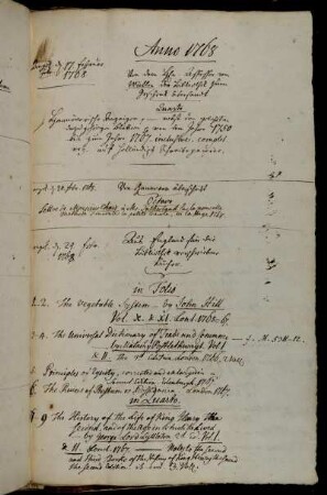 Von dem Hhn. Assessor von Müller der Bibliothek zum Geschenk übersandt. - Von Hannover überschickt. - Aus England für die Bibliothek verschriebene Bücher.