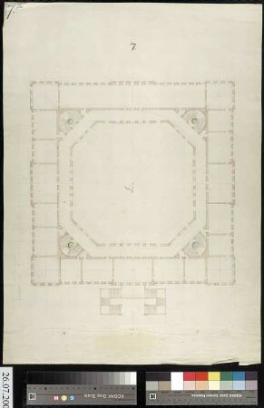 Grundriss eines quadratischen Schlossneubaus mit achteckigem Hof und vorgesetzter Freitreppe