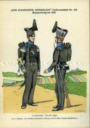 Uniformdarstellung, Hornist und Jäger des Leibbataillons, Herzogtum Braunschweig, um 1835.
