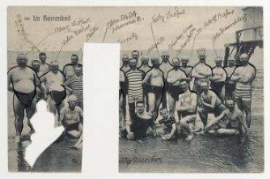 Postkarte von George Grosz (u. a.) an Raoul Hausmann mit Abbildung "Im Herrenbad". Ahlbeck