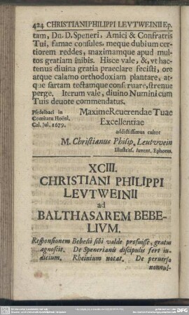 XCIII. Christiani Philippi Leutweinii ad Balthasarem Bebelium