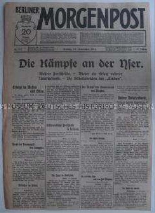 Tageszeitung "Berliner Morgenpost" mit Meldungen und Berichten von verschiedenen Kriegsschauplätzen