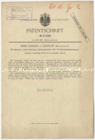 Patentschrift eines drehbaren zweirädrigen Untergestells für Feldeisenbahnwagen, Patent-Nr. 31496