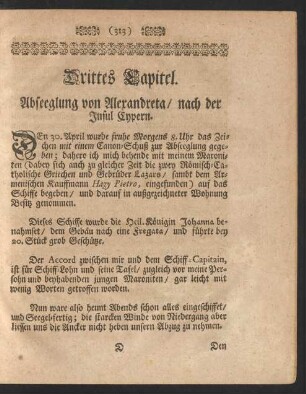 Drittes Capitel. Abseeglung von Alexandreta/ nach der Insul Cypern.
