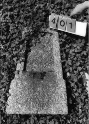 Grabstein 401 (Index: 99791972) Zustand: Fragment Maße HxBxT: 78x43x17 cm Besonderheit: kein Formblatt vorhanden: Grabstein 401