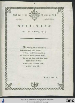 Auf das hohe Namensfest meines vielgeliebten Groß-Papa! : Am 24ten im März, 1798