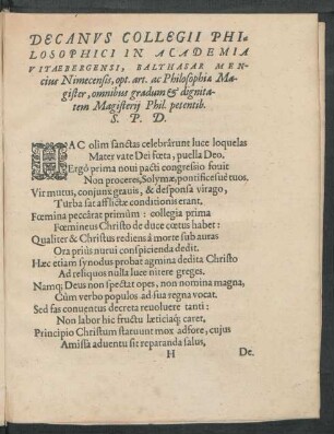 Decanus Collegii Philosophici In Academia Vitebergensi, Balthasar Mencius ... S. P. D.