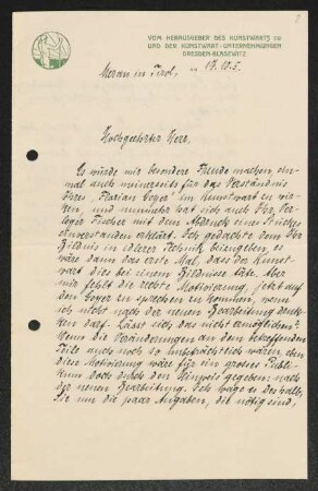 Brief von Ferdinand Avenarius von Der Kunstwart  an Gerhart Hauptmann