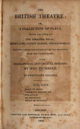 The British theatre : or, a collection of plays, which are acted at the Theatres Royal, Drury Lane, Covent Garden, and Haymarket ; in twenty-five volumes. 24, Road to ruin. Deserted daughter. Stranger. De chontfort. Pont of honour