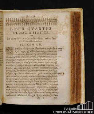 Liber Qvartus. De Magia Statica, Sive De occultiore ponderandi ratione , etiam fine ponderatoriis Instrumentis.