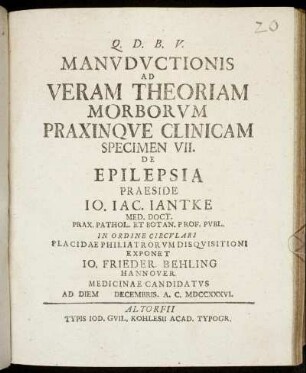 Specimen VII.: Manvdvctionis Ad Veram Theoriam Morborvm Praxinqve Clinicam .... Specimen VII.