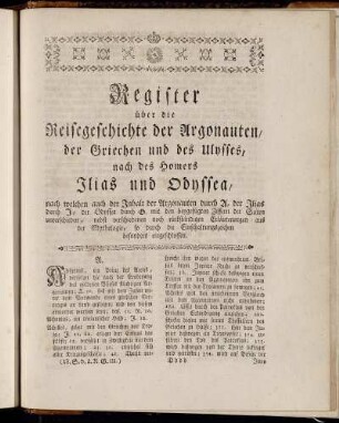 Register über die Reisegeschichte der Argonauten, der Griechen und des Ulysses, nach des Homers Ilias und Odyssea,[...]