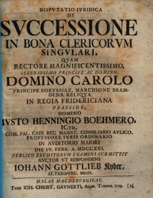 Disp. iur. de successione in bona clericorum singulari