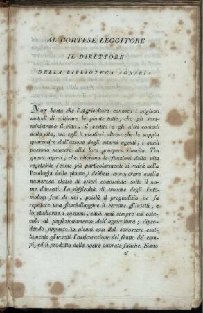 Al Cortese Leggitore Il Direttore Della Biblioteca Agraria.
