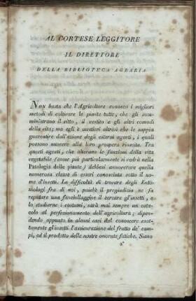 Al Cortese Leggitore Il Direttore Della Biblioteca Agraria.