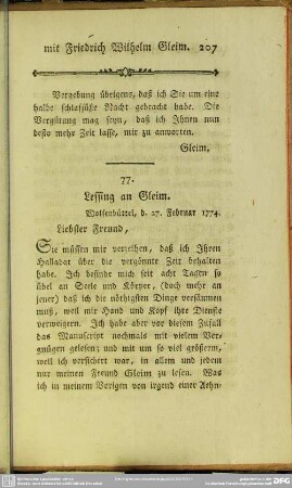 77. Lessing an Gleim. Wolfenbüttel, d. 27. Febr. 1774