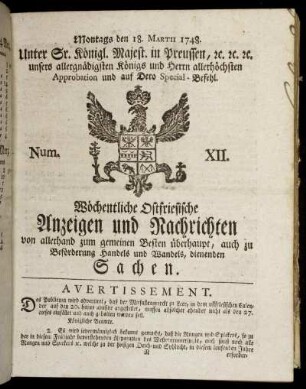 Num. XII. Montags den 18. Martii 1748.