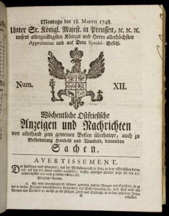 Num. XII. Montags den 18. Martii 1748.