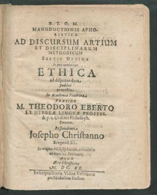 Manuductionis Aphoristicae Ad Discursum Artium Et Disciplinarum Methodicum Sectio Decima