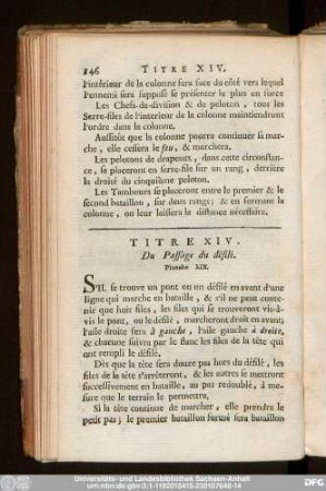 Titre XIV. Da passage du défilé. Planche XIX.