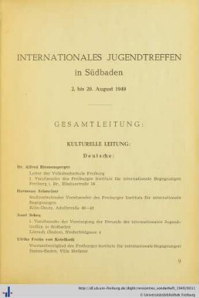 Internationales Jugendtreffen in Südbaden 2. bis 20. August 1949