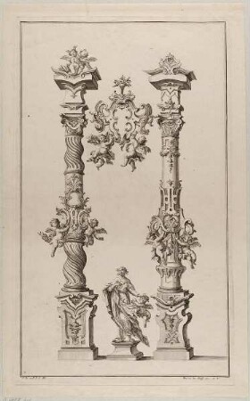 Zwei Säulen mit zahlreichen Ornamenten, Blatt 3 aus der Folge "Gantz Neu sehr nützl. Säulen und andern Ornamenten"