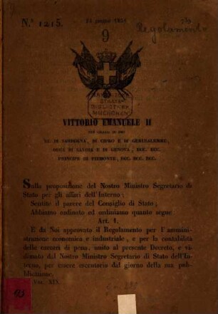 Regolamento per l'amministrazione economica, e la relativa contabilità dei penitenziari e carceri centrali : [Kopftitel.] (Registrato al Controllo Generale addi 25 giugno 1851, Reg. 6?? Atti del Governo a. c. 361 Moreno.)