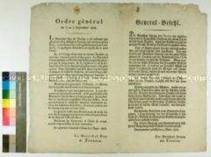 Generalbefehl des Marschalls Édouard Adolphe Mortier Duc de Treviso betreffend die Disziplin der französischen Soldaten beim Durchmarsch durch Sachsen (in deutscher und französischer Sprache)