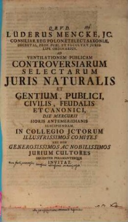 Ad ventilationem publicam controversiarum selectarum iuris naturalis et gentium invitat : [An feudi possessor beneficio excussionis se tueri possit?]