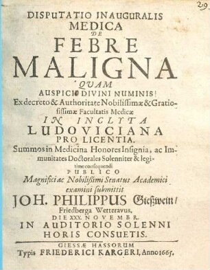 Disputatio Inauguralis Medica De Febre Maligna