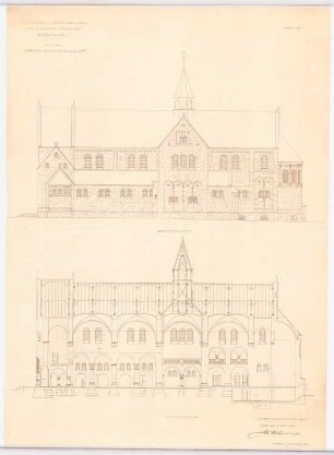 Franziskanerkloster und Heilig Kreuz, Essen: Seitenansicht und Längsschnitt 1:100 (7. Entwurf)