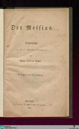 Der Messias : Oratorium in 3 Abth.