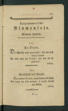 Epigrammatische Blumenlese. Sechstes Hundert