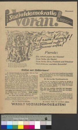 Wahlzeitung der SPD "Sozialdemokratie Voran. Sozialdemokratische Wählerzeitung" (Nr. 1) zur Reichstagswahl am 20. Mai 1928