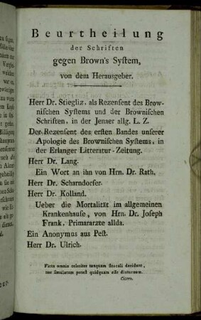 Beurtheilung der Schriften gegen Brown´s System, von dem Herausgeber.